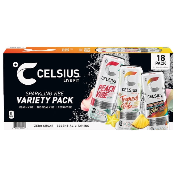 Celsius Vibe Variety Pack (Peach/Tropical/Arctic) 12 oz 18-Pack